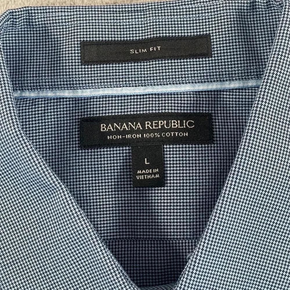 Banana Republic Shirt Men Large Blue‎ Mini Houndstooth Slim Fit Non Iron NWOT